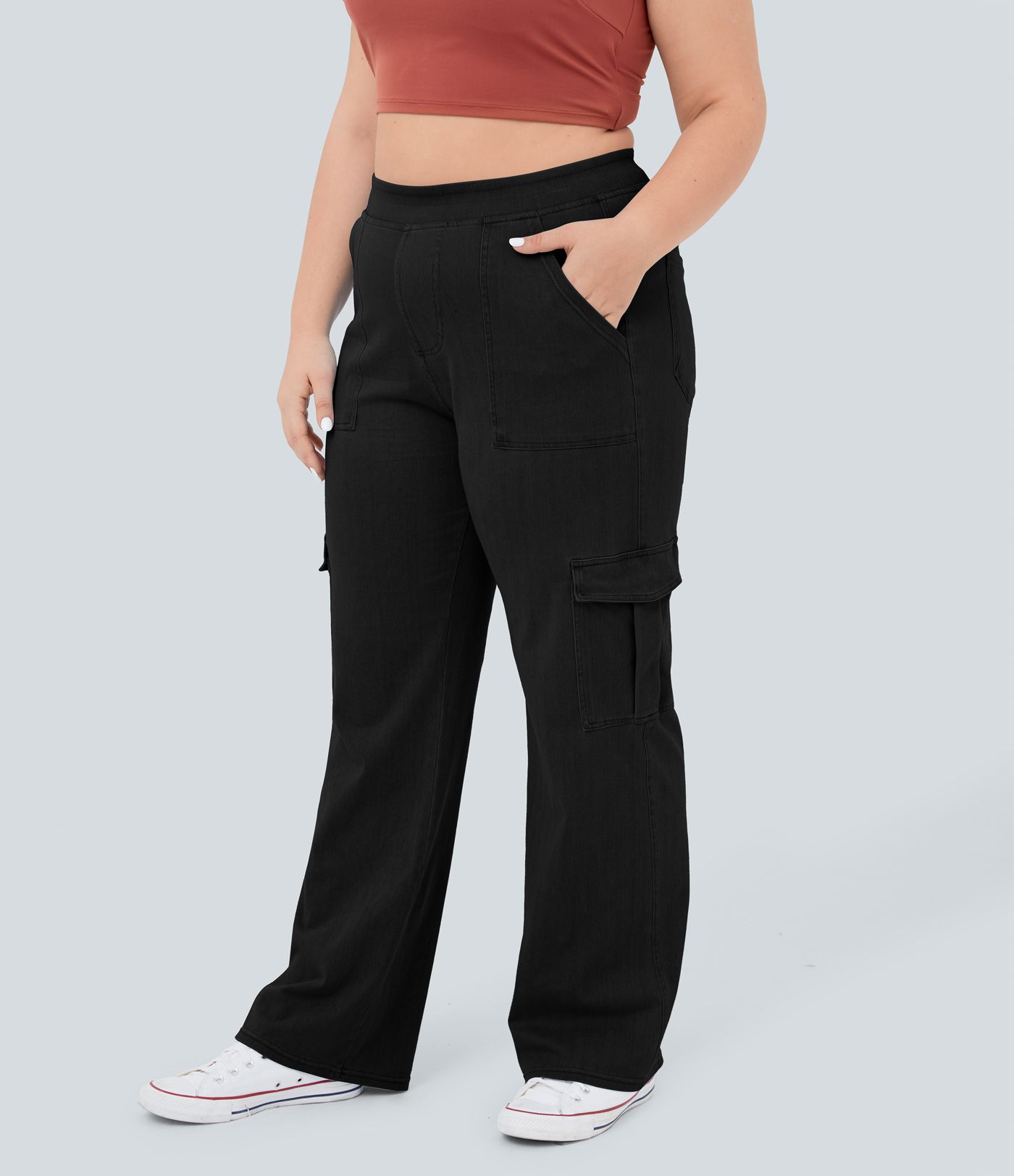 Halara Flex™ Jean Droite Cargo Taille Mi-Haute Multiples Poches Décontracté Extensible Droite Grande Taille