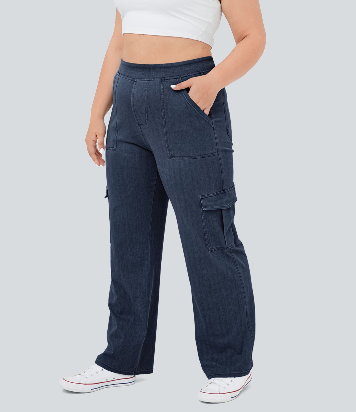 Halara Flex™ Lässige Cargohose in Großgröße mit mittlerer Leibhöhe und mehreren Taschen, geradem Bein