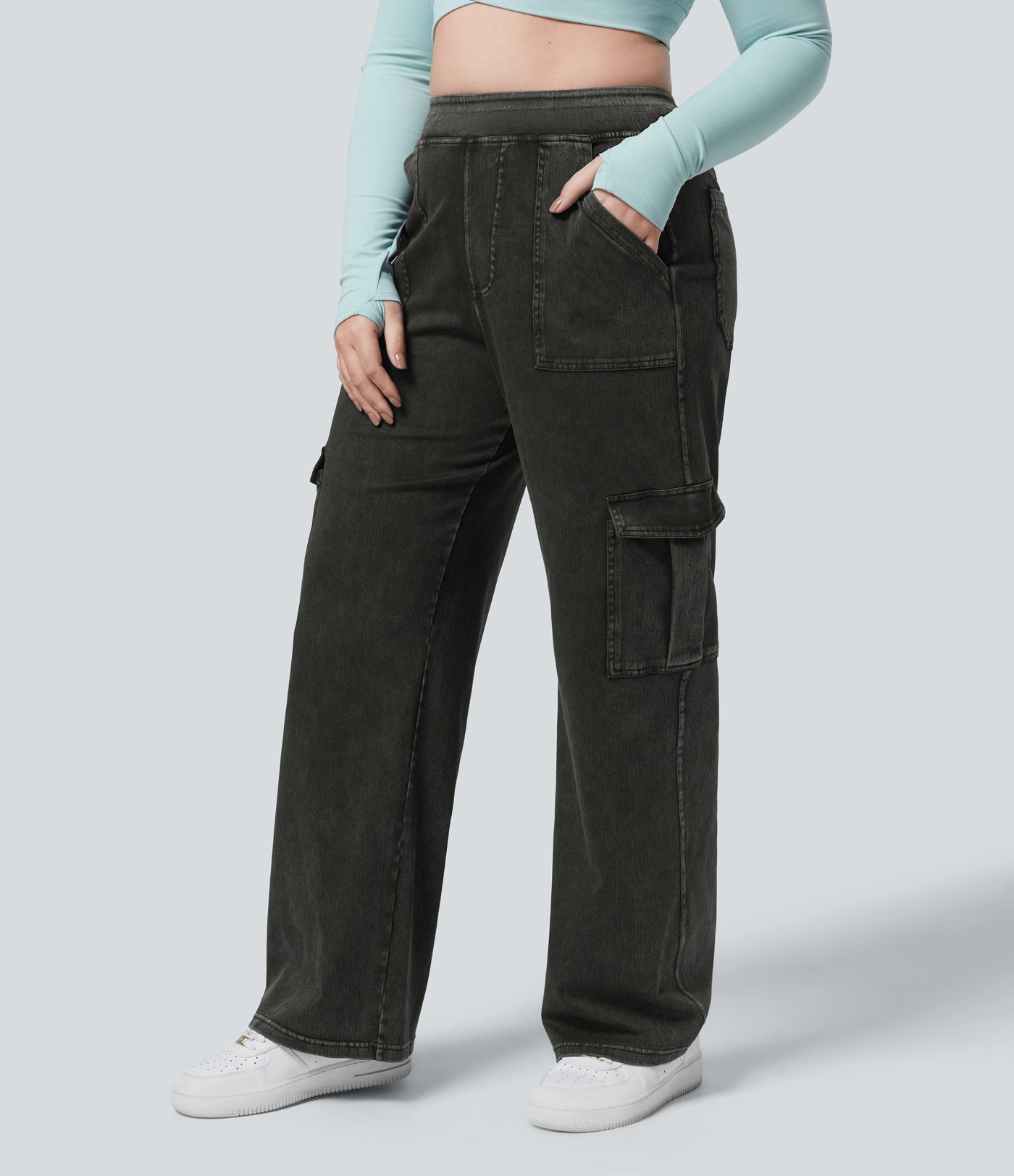 Halara Flex™ Mid Rise Pockets Straight Leg Plus Size Casual Cargo Jeans Halara Flex™ Mid Rise Pockets Straight Leg Plus Size Casual Cargo Jeans