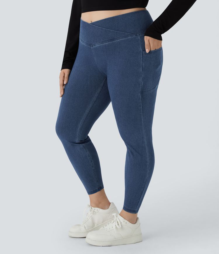 Halara Flex™ Leggings aus gewaschenem, dehnbarem Denim-Strick Plus-Size mit überkreuzten Seitentaschen