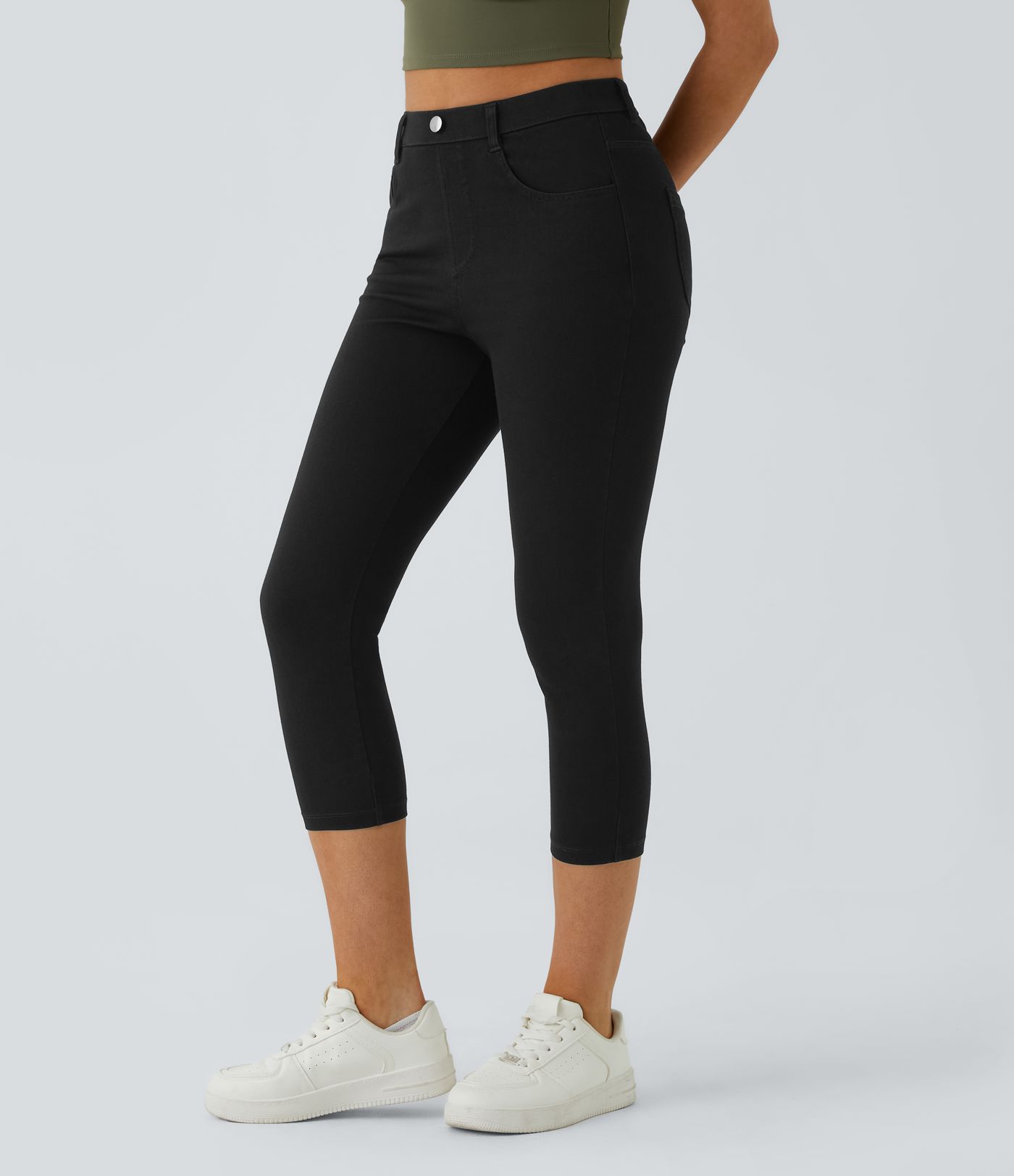 Halara Flex™ Capri-Leggings aus dehnbarem Denim mit hohem Bund und mehreren Taschen