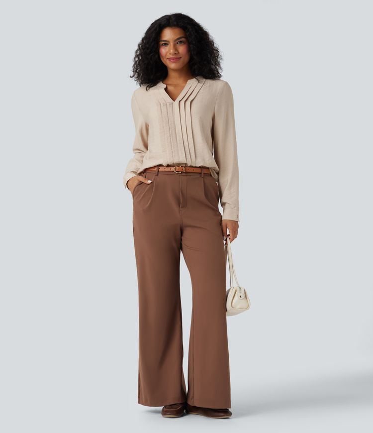 Blouse de travail manches longues col V à plis coupe décontractée