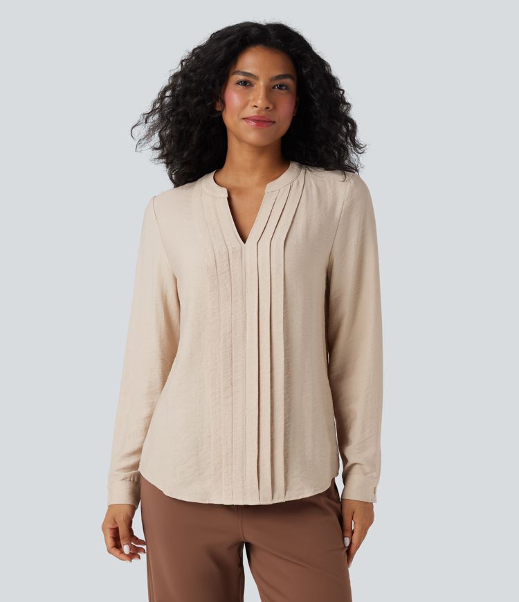 Blouse de travail manches longues col V à plis coupe décontractée