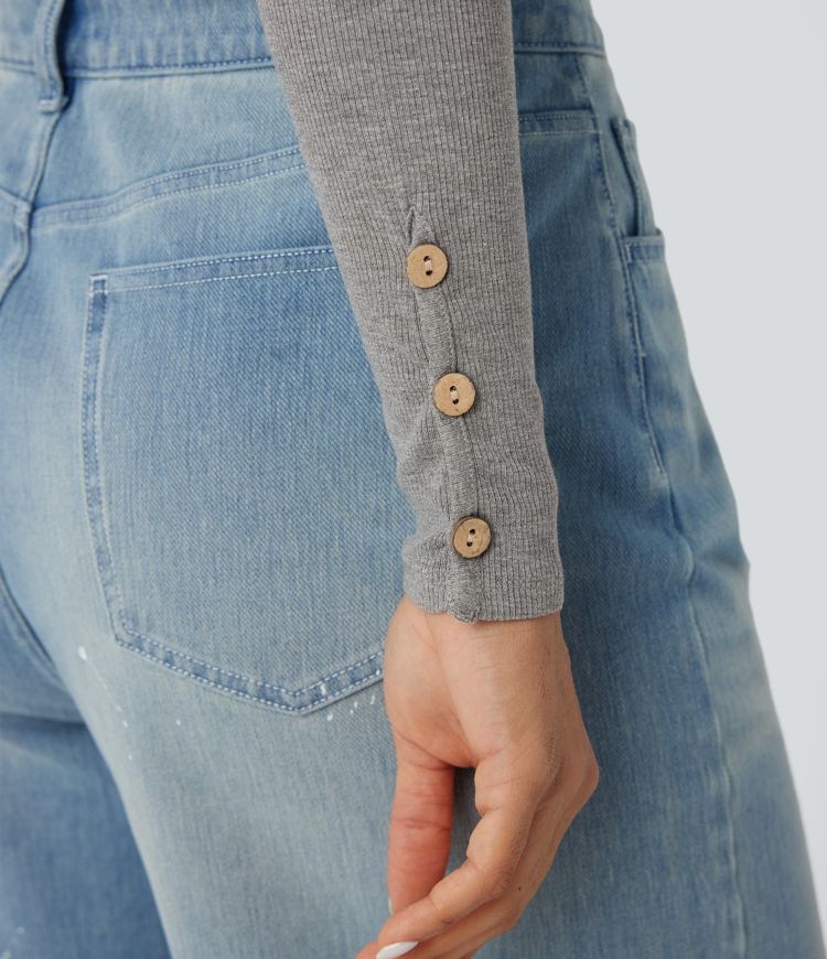 Ribbed Knit Henley Long Sleeve Slim Casual Top