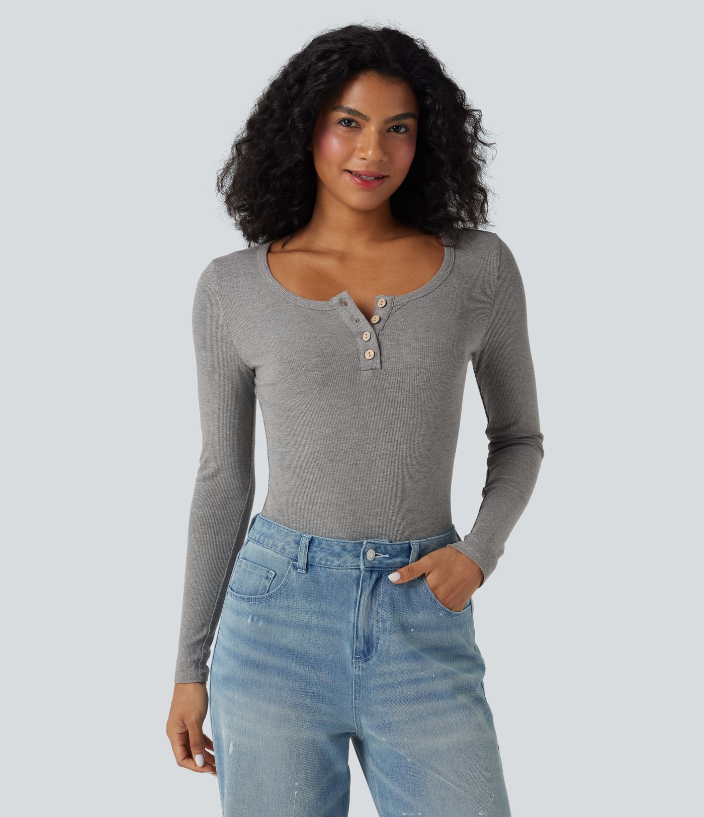 Ribbed Knit Henley Long Sleeve Slim Casual Top