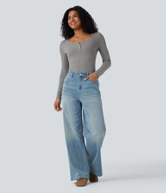 Ribbed Knit Henley Long Sleeve Slim Casual Top