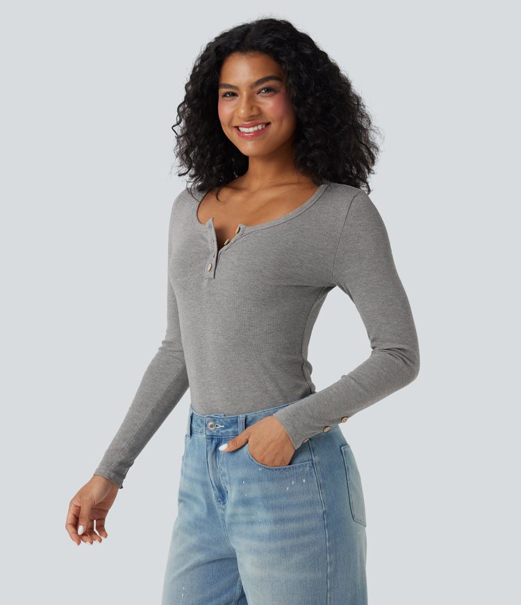 Ribbed Knit Henley Long Sleeve Slim Casual Top