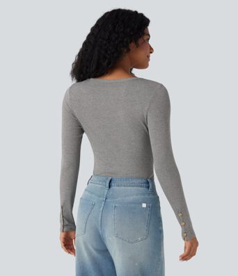 Ribbed Knit Henley Long Sleeve Slim Casual Top
