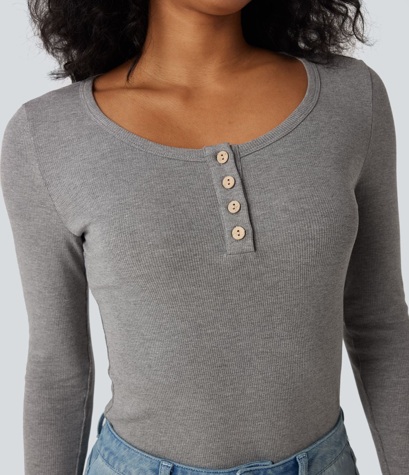 Ribbed Knit Henley Long Sleeve Slim Casual Top