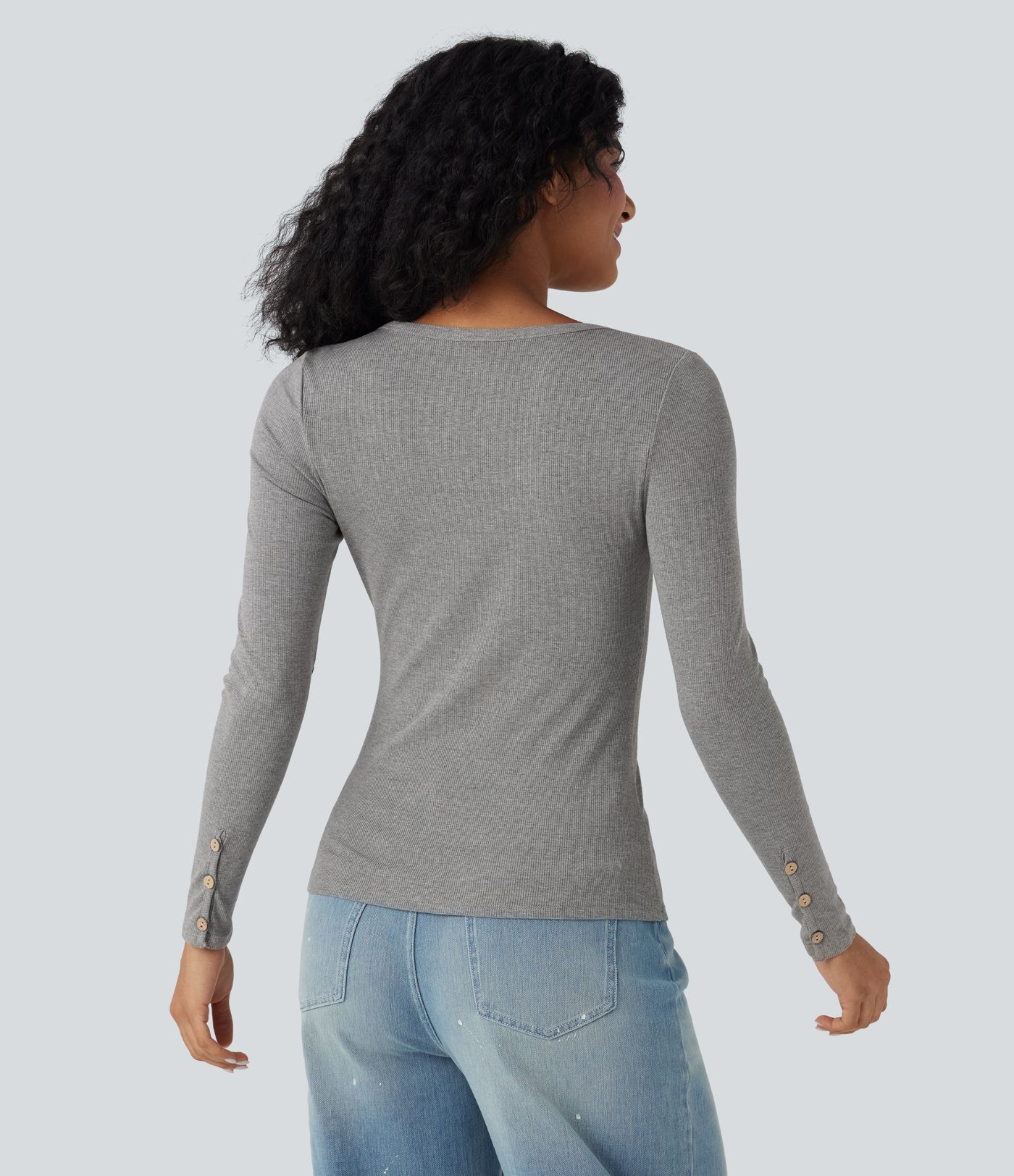 Ribbed Knit Henley Long Sleeve Slim Casual Top