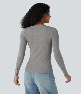Ribbed Knit Henley Long Sleeve Slim Casual Top