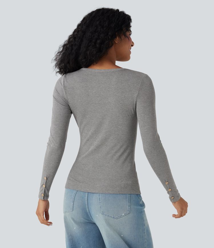 Ribbed Knit Henley Long Sleeve Slim Casual Top