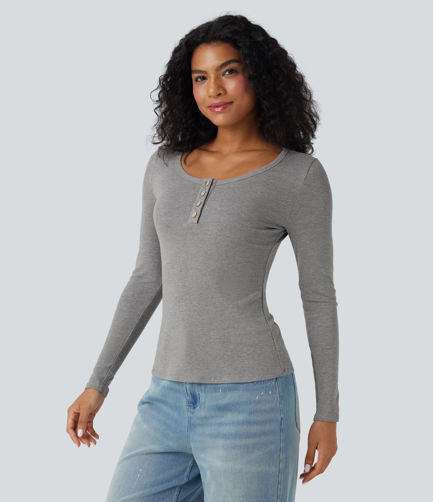 Ribbed Knit Henley Long Sleeve Slim Casual Top