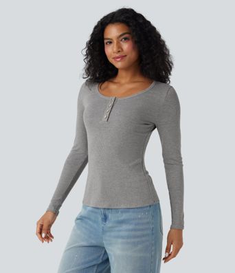 Ribbed Knit Henley Long Sleeve Slim Casual Top