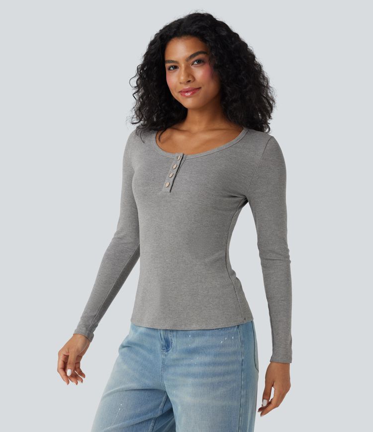 Ribbed Knit Henley Long Sleeve Slim Casual Top