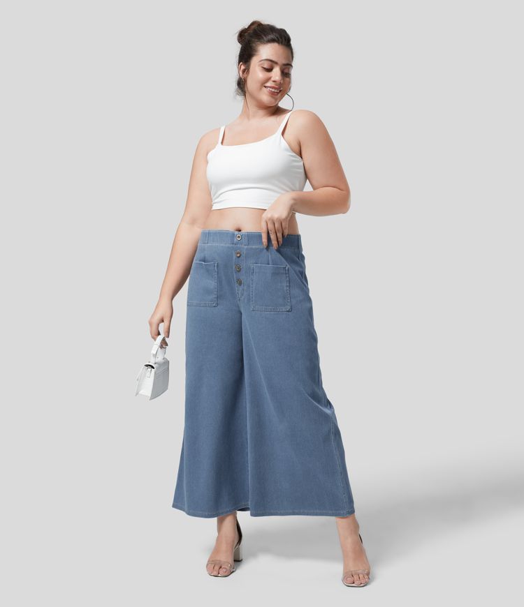 Halara Flex™ High Waisted Pockets Ankle Length Washed Casual Wide Leg Plus Size Jeans