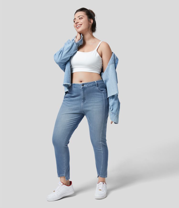 Halara Flex™ Jean Skinny Grande Taille Casual en Tricot Extensible Taille Mi-Haute avec Bouton et Fermeture Éclair et Plusieurs Poches