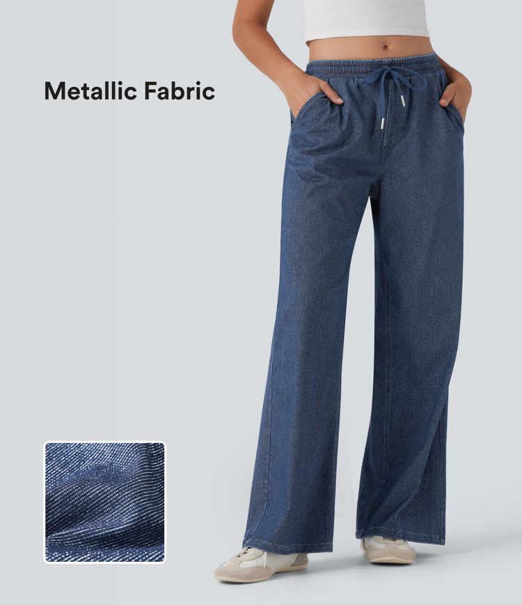 Halara Flex™ Low Rise Drawstring Wide Leg Metallic Casual Jeans with Pockets