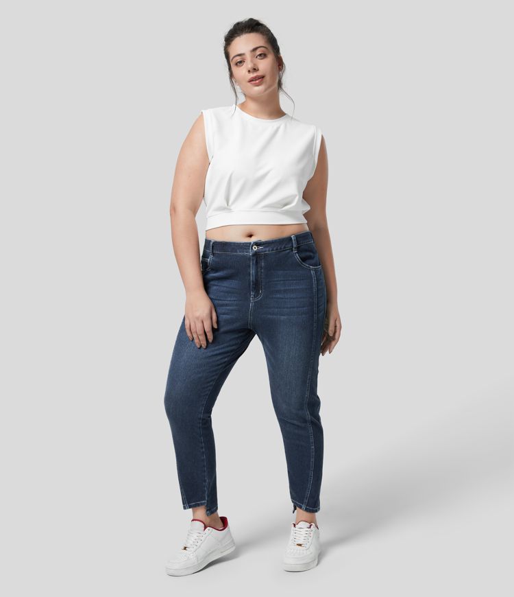 Halara Flex™ Jean Skinny Grande Taille Casual en Tricot Extensible Taille Mi-Haute avec Bouton et Fermeture Éclair et Plusieurs Poches
