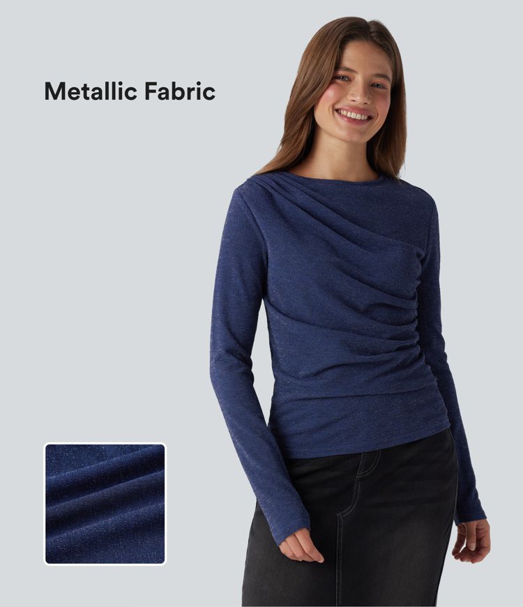 Long Sleeve Asymmetric Ruched Metallic Casual Top