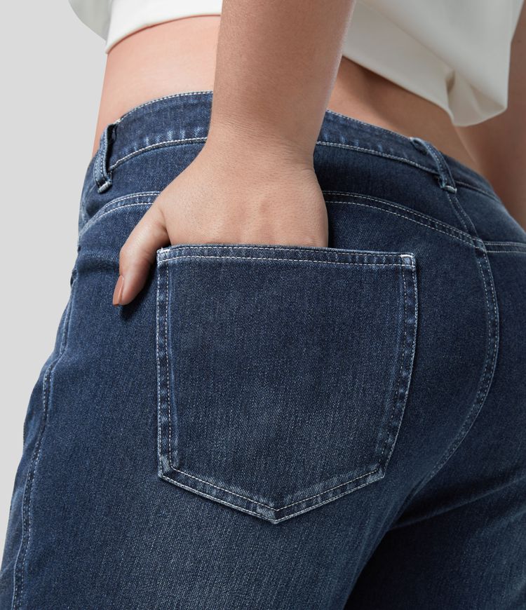 Halara Flex™ Jean Skinny Grande Taille Casual en Tricot Extensible Taille Mi-Haute avec Bouton et Fermeture Éclair et Plusieurs Poches