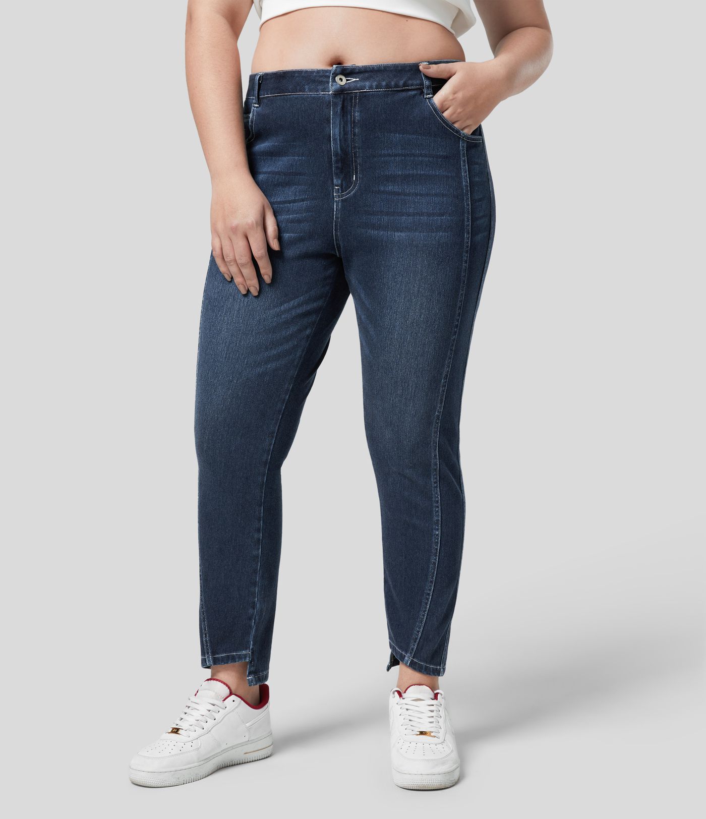 Halara Flex™ Jean Skinny Grande Taille Casual en Tricot Extensible Taille Mi-Haute avec Bouton et Fermeture Éclair et Plusieurs Poches