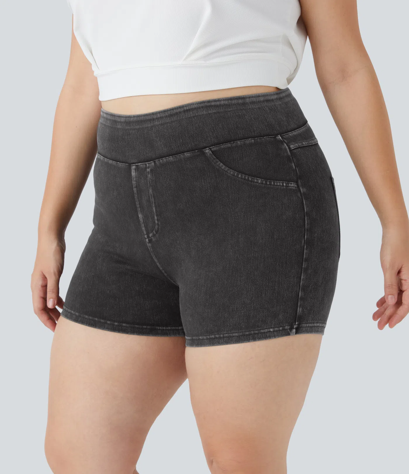Halara Flex™ Plus-Size, lässige Shorts aus elastischem Strick-Denim mit hohem Bund und Gesäßtasche - 7,6 cm