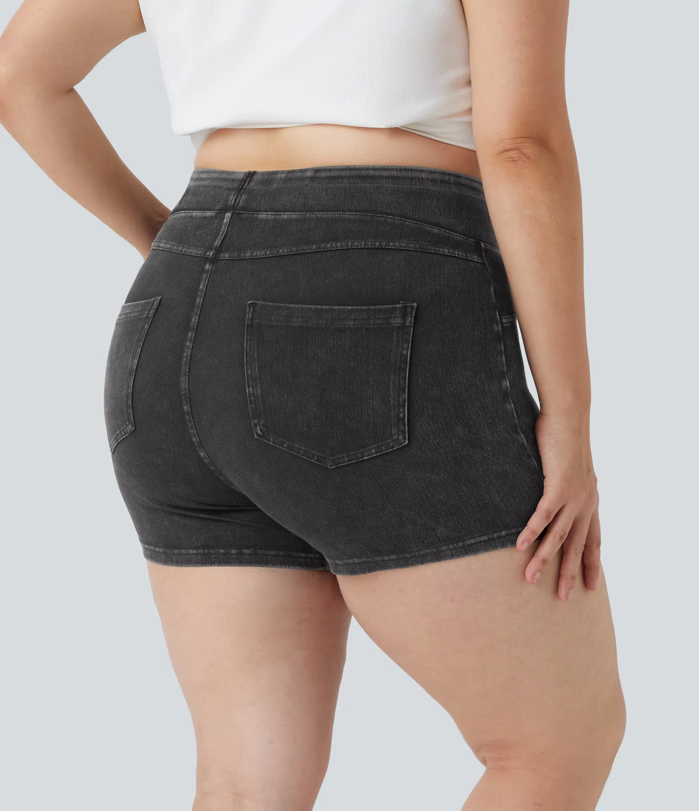 Halara Flex™ Plus-Size, lässige Shorts aus elastischem Strick-Denim mit hohem Bund und Gesäßtasche - 7,6 cm
