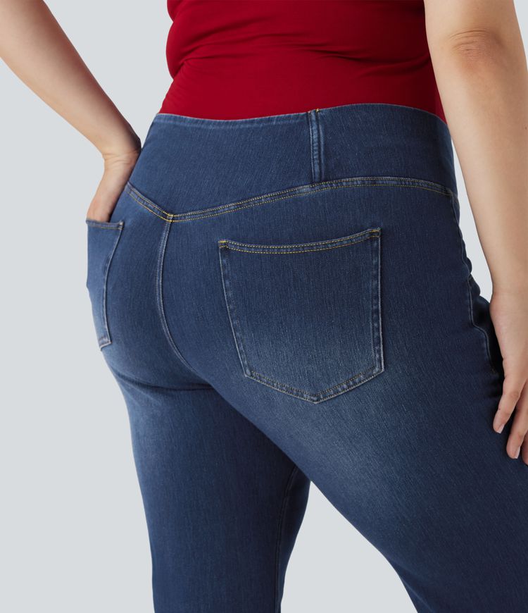 Plus Size Halara Flex™ High Waisted Crossover Washed Stretchy Knit Casual Flare Jeans with Multiple Pockets