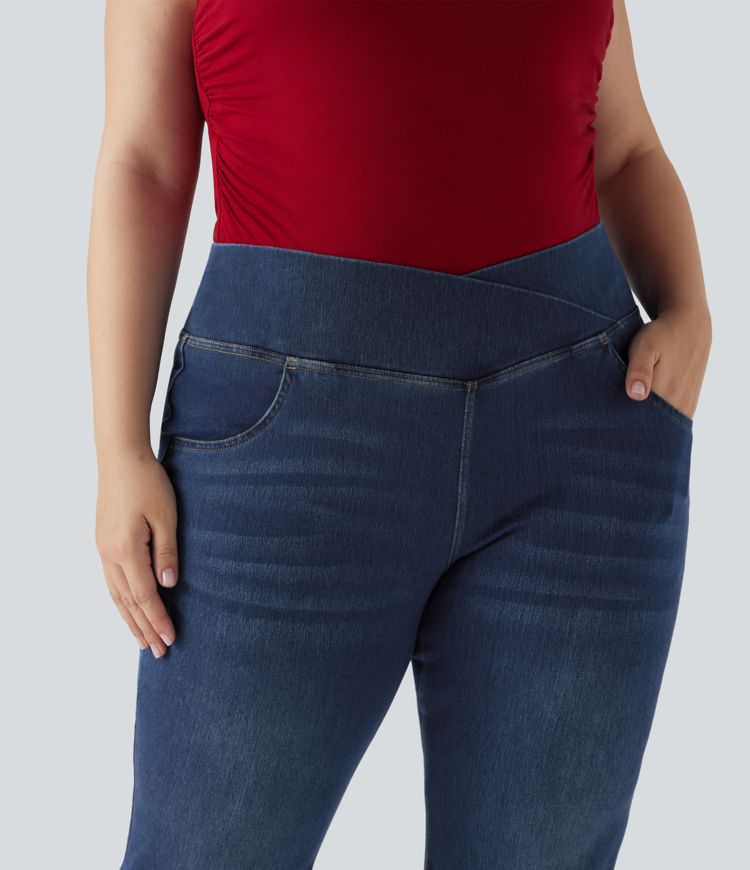 Plus Size Halara Flex™ High Waisted Crossover Washed Stretchy Knit Casual Flare Jeans with Multiple Pockets