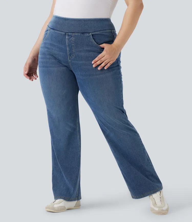 Plus Size Halara Flex™ Hoch taillierte Jeans mit mehreren Taschen, gewaschener, dehnbarer Strick, lässiger Bootcut, Übergröße