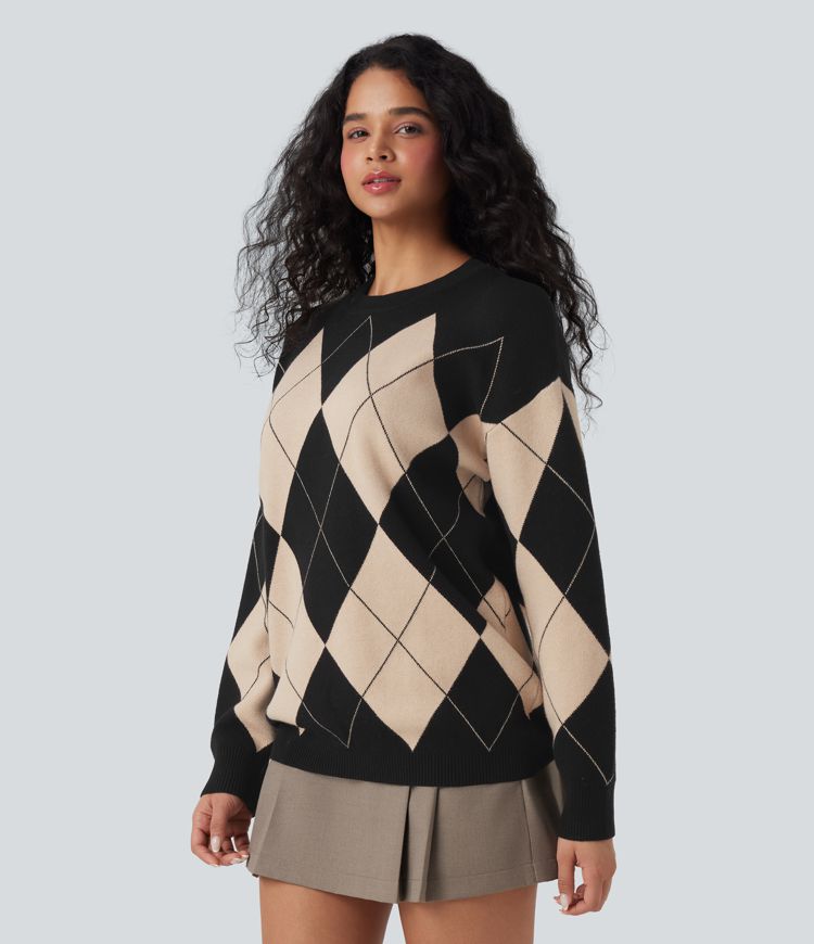 Round Neck Long Sleeve Diamond Check Work Sweater
