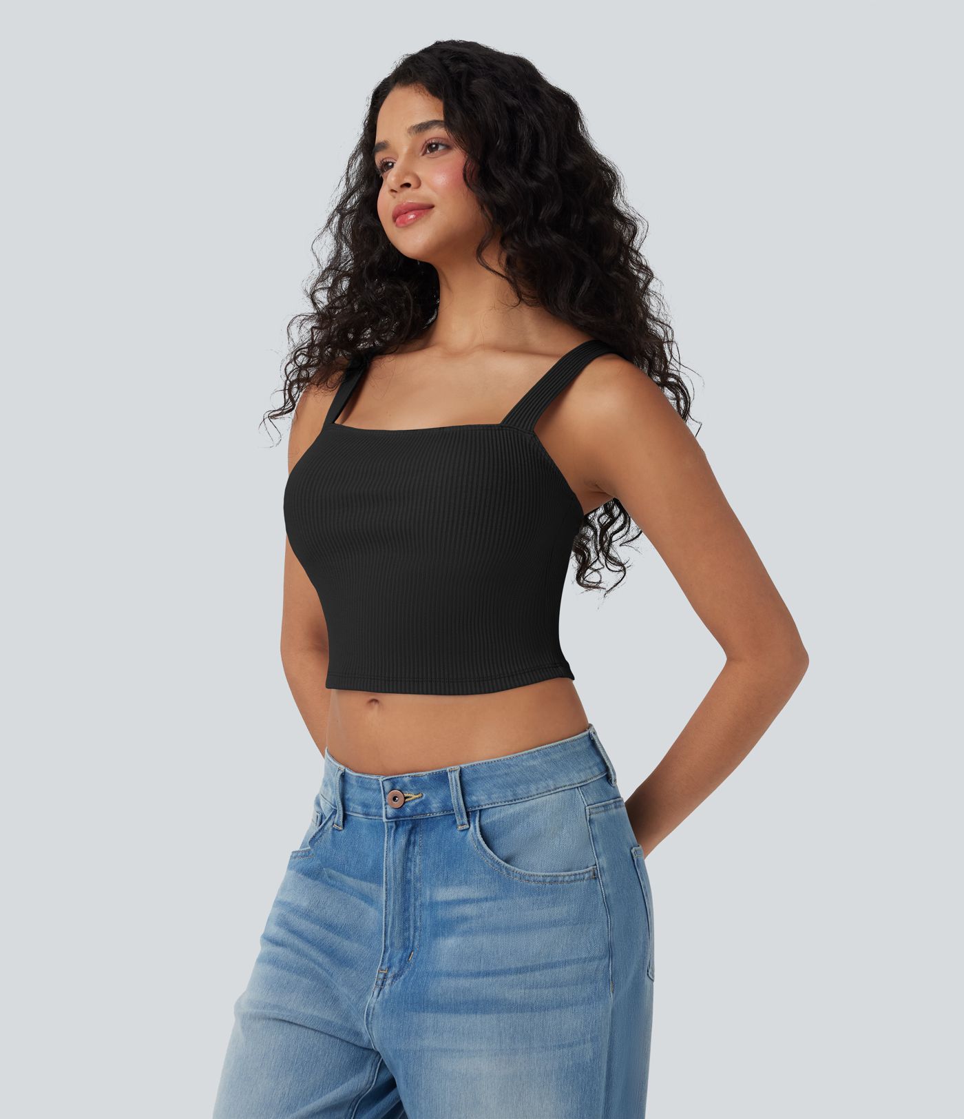 Ribbed Knit Square Neck Cropped Casual Tank Vest Top Ribbed Knit Square Neck Cropped Casual Tank Vest Top