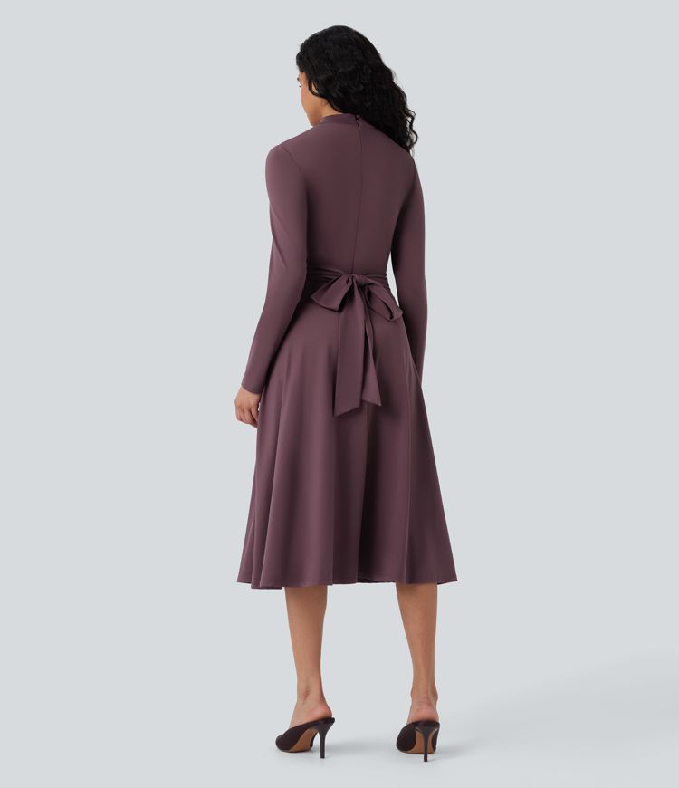 Robe de travail midi manches longues à découpes et dos noué avec poches