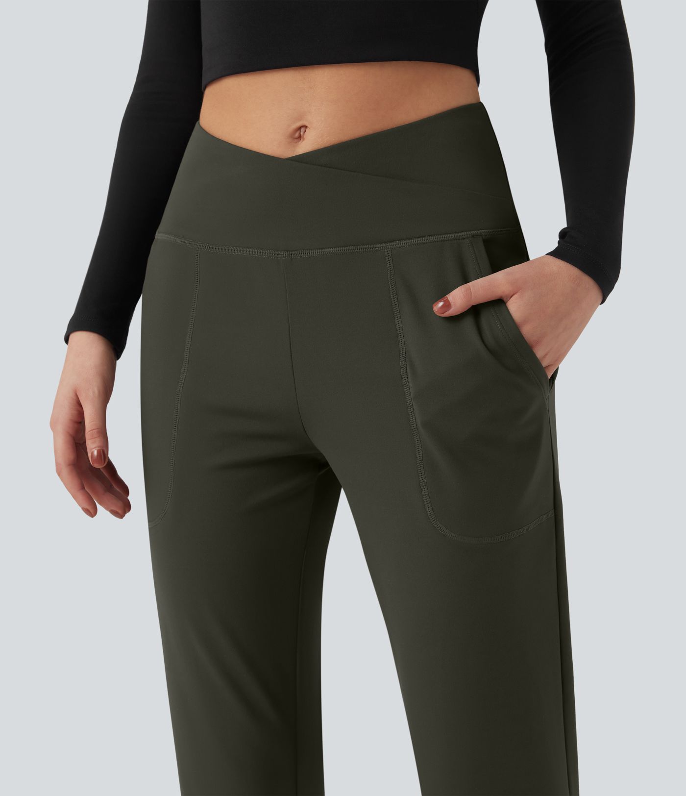 DayStretch High Waisted Crossover Tapered Casaul Trousers with Pockets