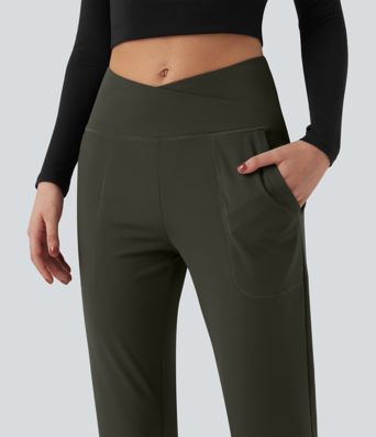 DayStretch High Waisted Crossover Tapered Casaul Trousers with Pockets