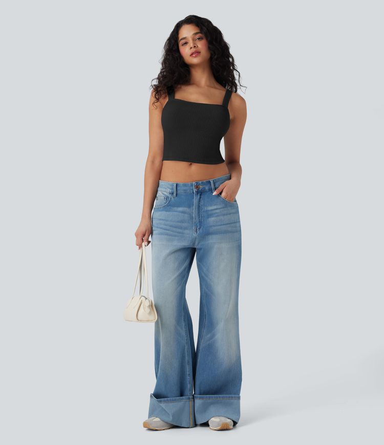 Ribbed Knit Square Neck Cropped Casual Tank Vest Top Ribbed Knit Square Neck Cropped Casual Tank Vest Top