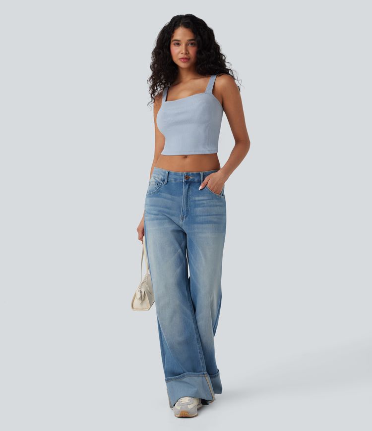 Ribbed Knit Square Neck Cropped Casual Tank Vest Top