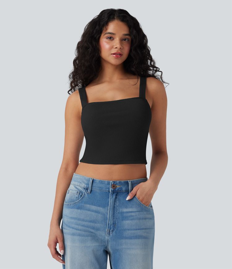 Ribbed Knit Square Neck Cropped Casual Tank Top