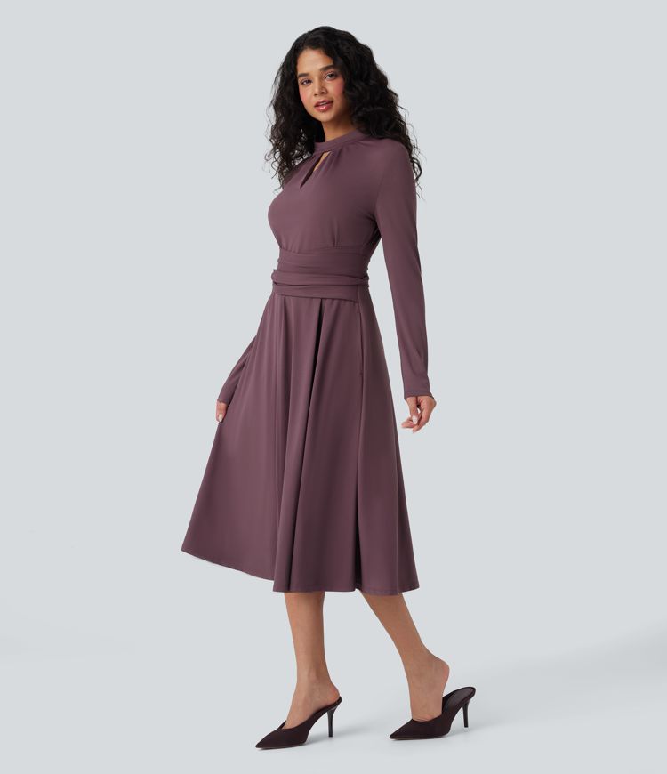 Cut Out Long Sleeve Tie Back Midi Work Dress with Pockets