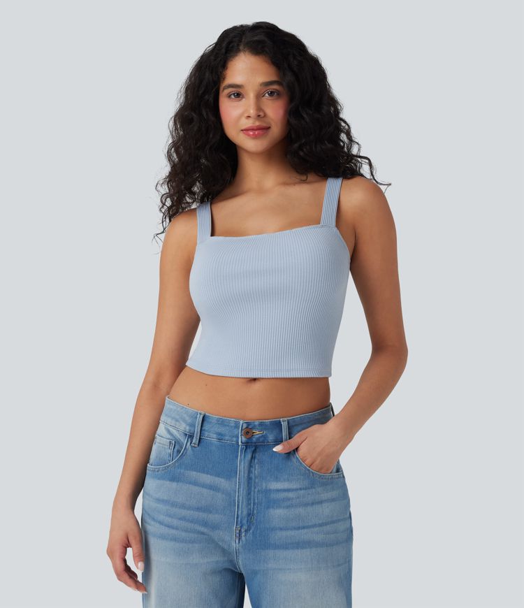 Ribbed Knit Square Neck Cropped Casual Tank Top