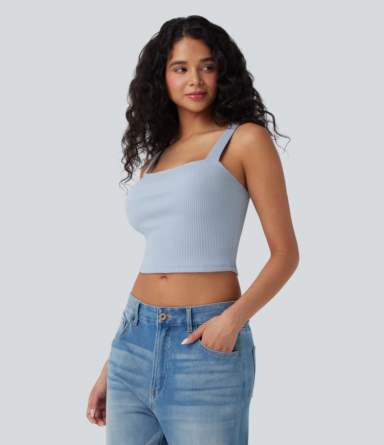 Débardeur décontracté court maille côtelée décolleté carré