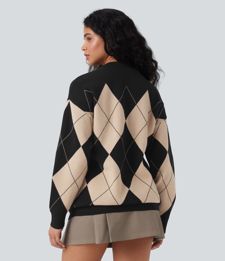 Round Neck Long Sleeve Diamond Check Work Sweater