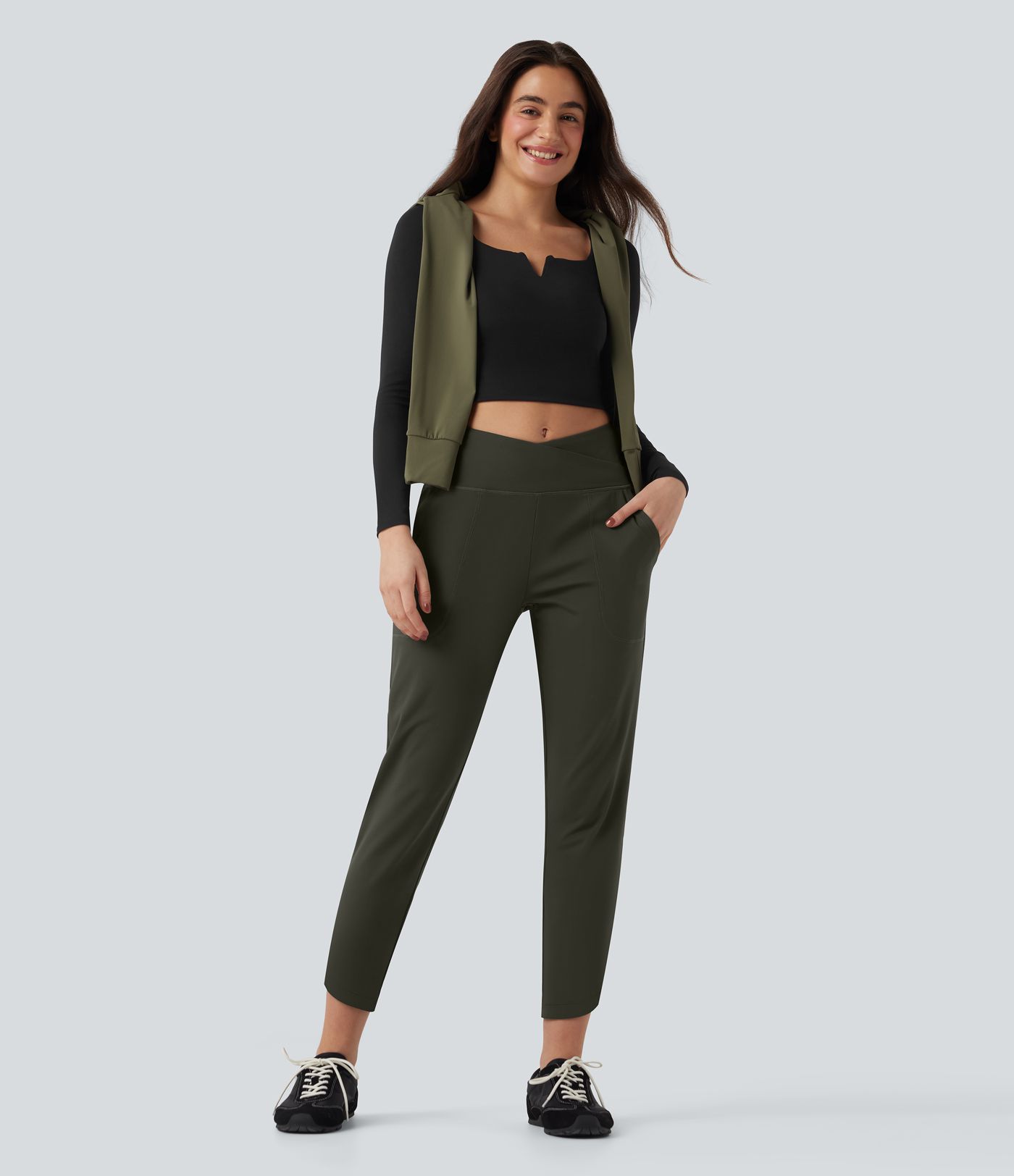DayStretch High Waisted Crossover Tapered Casaul Trousers with Pockets