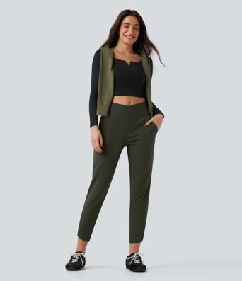 DayStretch High Waisted Crossover Tapered Casaul Trousers with Pockets