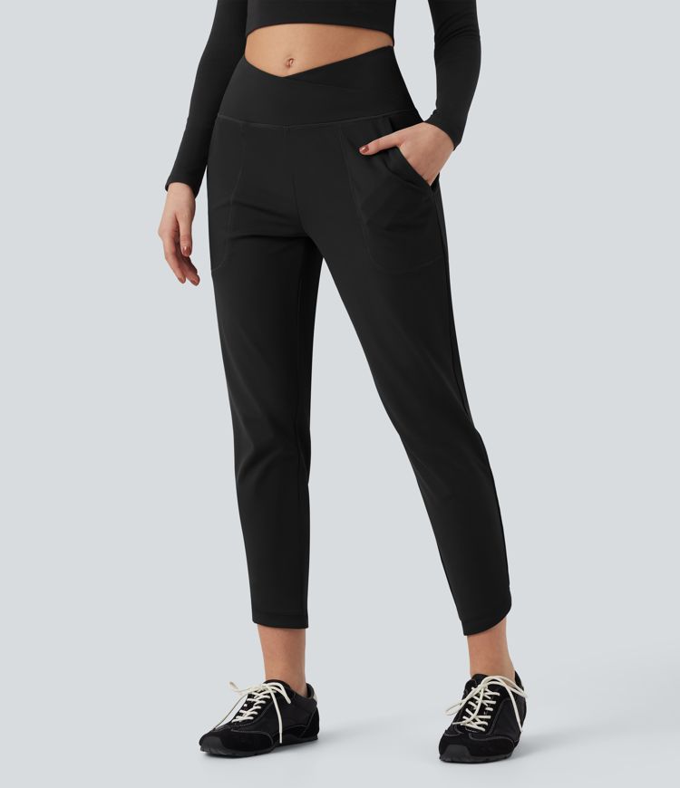 High Waisted Crossover Tapered Casaul Pants with Pockets