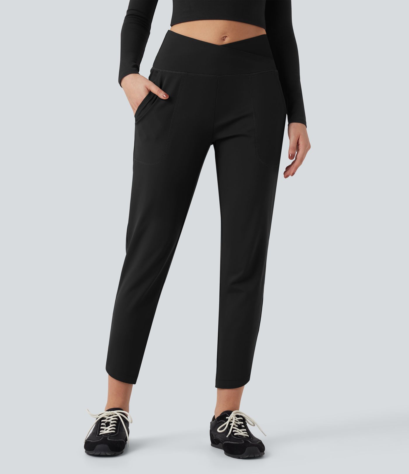 DayStretch High Waisted Crossover Tapered Casaul Pants with Pockets