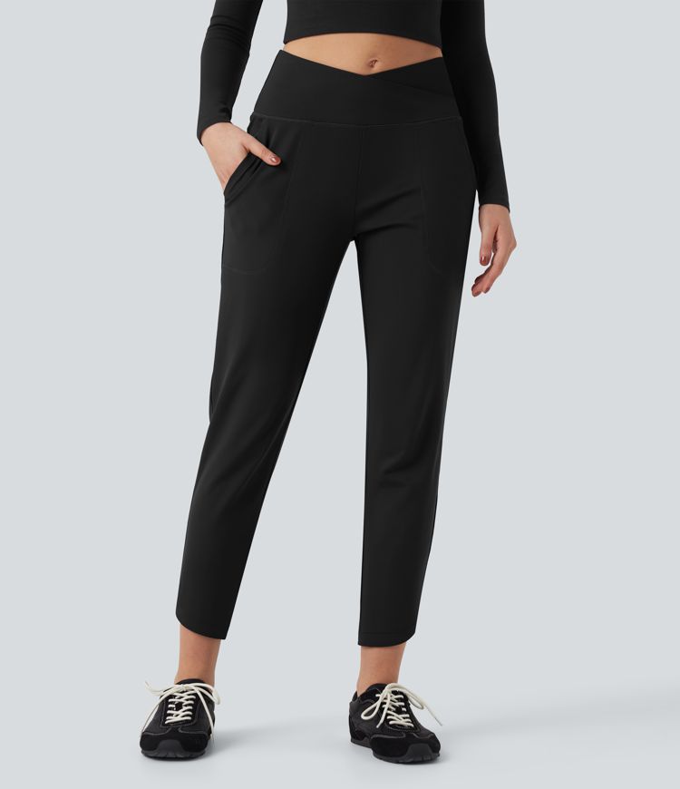 DayStretch High Waisted Crossover Tapered Casaul Pants with Pockets