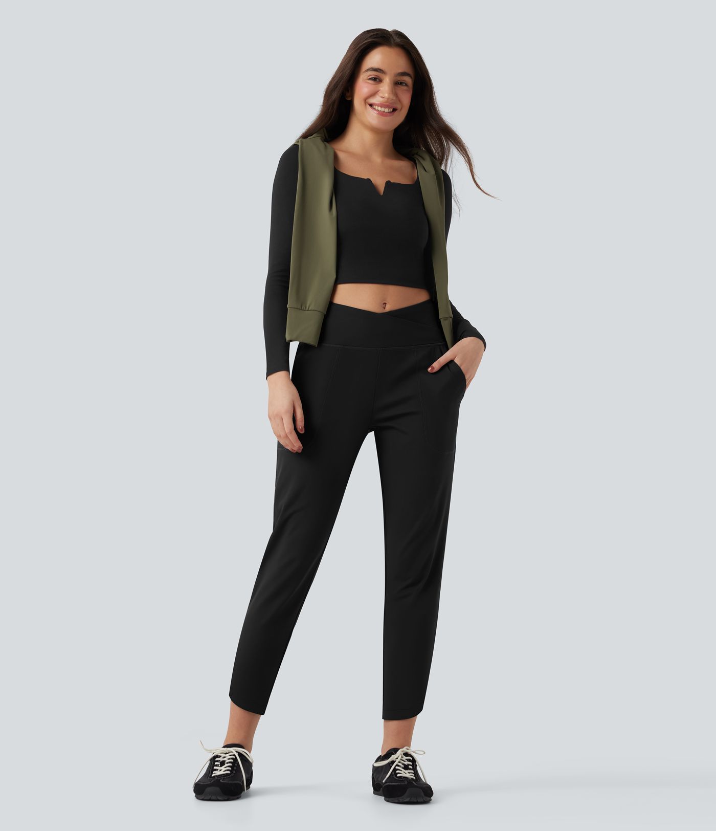 DayStretch High Waisted Crossover Tapered Casaul Pants with Pockets
