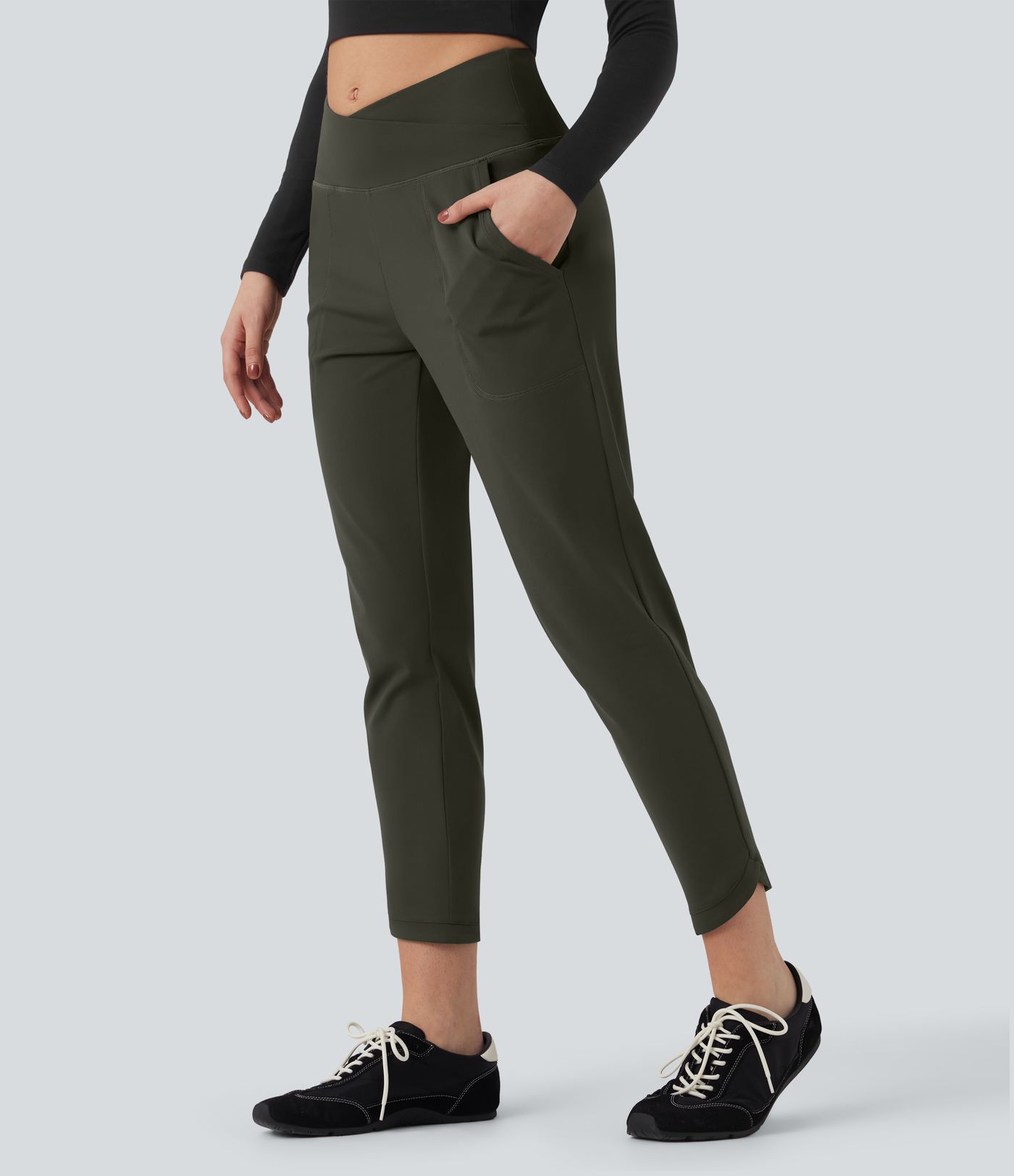 DayStretch High Waisted Crossover Tapered Casaul Trousers with Pockets